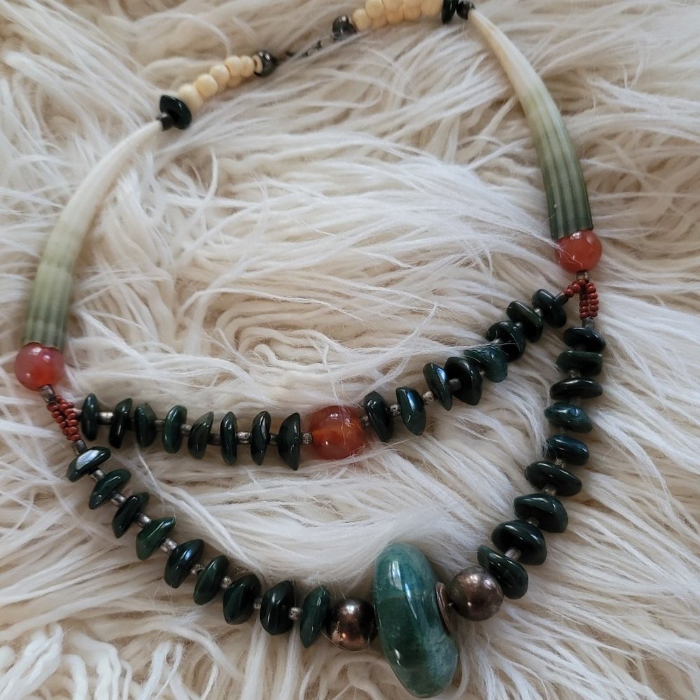 JADE, CORAL SILVER BEADED STATEMENT NECKLACE